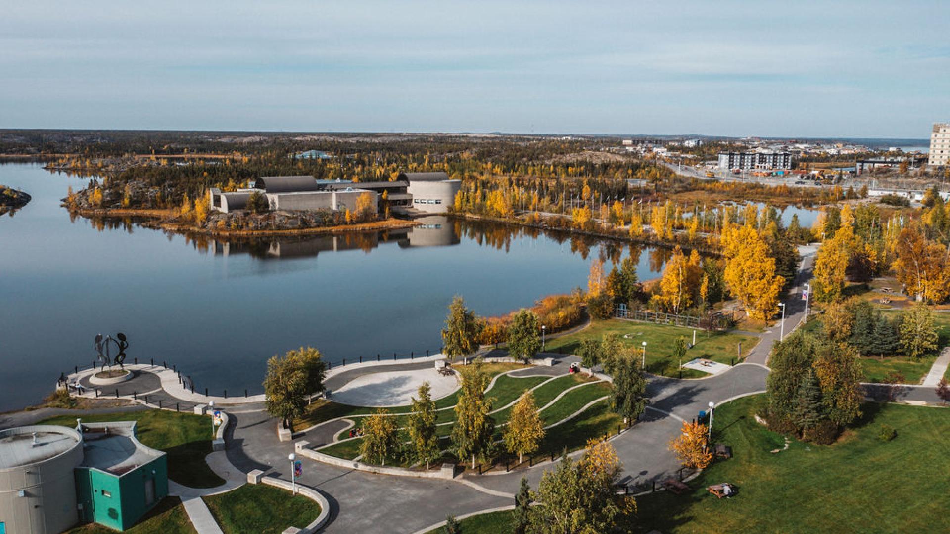 An overview of the Somba K'e Civic Plaza in Yellowknife's Downtown.